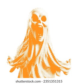 Fantasma de hoja blanca - medio tono de Halloween salpicado con un clíposito realista. Textura de desvío Ilustración vintage en el estilo de grunge de los años 90