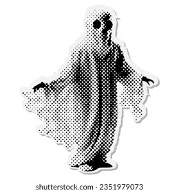 White sheet ghost - Halloween halftone mixed media collage paper sticker. Dotted Vintage illustration in 90s zine Paper piece style.