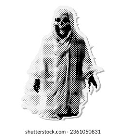 White sheet ghost - Halloween halftone mixed media collage paper sticker. Dotted Vintage illustration in 90s zine Paper piece style.