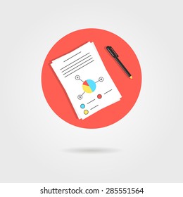 white sheet with graph and pen in red circle. concept of presentation, detail examination, annual report, profit. isolated on gray background. flat style trend modern design vector illustration