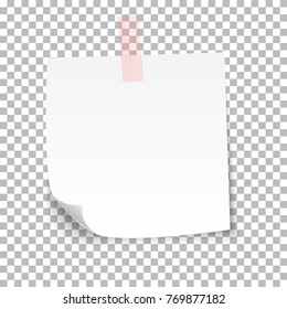 White sheet of note paper with adhesive tape on a transparent background. Vector illustration