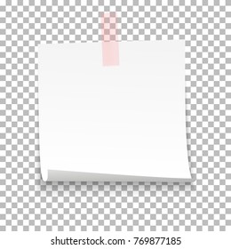 White sheet of note paper with adhesive tape on a transparent background. Vector illustration