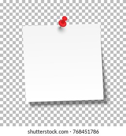 White sheet of note paper with push pin on a transparent background. Vector illustration