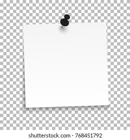 White sheet of note paper with push pin on a transparent background. Vector illustration