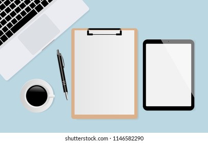 White sheet on clipboard with space for text, tablet, pen, coffee cup and laptop computer on blue background. Top view, vector illustration
