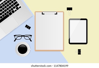 White sheet on clipboard with space for text, blank digital tablet, eyeglasses, coffee cup and laptop computer on pastel color background. Top view, vector illustration