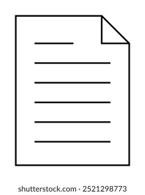 A white sheet of paper with black horizontal lines and a folded top-right corner. Ideal for: office, documentation, reading, writing, simplicity. Minimalist lineart vector.