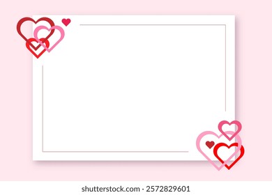 White sheet of paper with copy space on a pink background with  hearts. A white card with red hearts on it, The card is blank and has a pink background. Happy valentines day. Vector eps 10