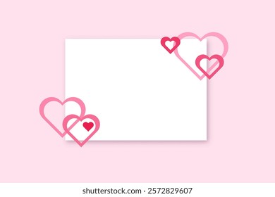 White sheet of paper with copy space on a pink background with  hearts. A white card with red hearts on it, The card is blank and has a pink background. Happy valentines day. Vector eps 10