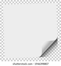 White sheet of paper with curled lower right corner and transparent background under it. Vector illustration.