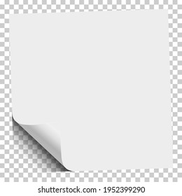 White sheet of paper with curled lower left corner and transparent background under it. Vector illustration.