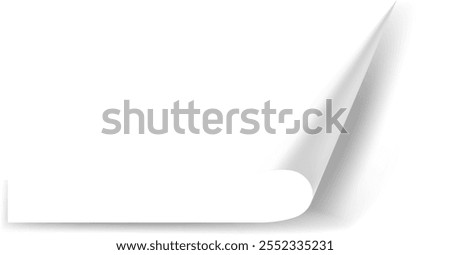 White sheet of paper curling up from bottom right corner, creating a three dimensional effect with subtle shadows, ideal for showcasing text, designs, or creating a sense of anticipation