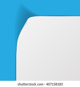 White sheet of paper with curved corner and with shadow on light blue background