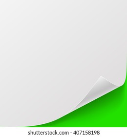 White sheet of paper with curved corner and with shadow on green background