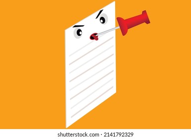 white sheet of paper with eyes and open mouth pinned with a red pin 