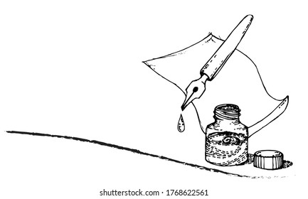 A white sheet of paper and a feather pen with a drop from a ink bottle next to it on a white background. Literature, writer, library, lesson, calligraphy. Place for your text. Sketch vector 