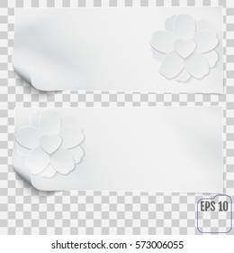 White sheet of paper with paper flower and heart on transparent background. Vector illustration.