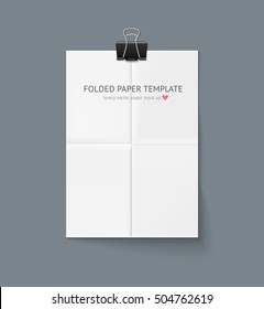 White sheet of paper folded in four hangs with paper clip and shadow isolated on dark gray background. A4 format paper design vector with space for text, quotes.