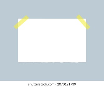 White sheet of paper glued with adhesive tape to the wall. Piece of torn paper with sticky tape. Vector template design. Blank paper sheet mockup.