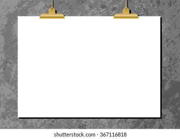 White sheet of paper with golden clips against an old concrete wall. Modern and stylish horizontal poster mockup, A4 size, scalable to any dimension.