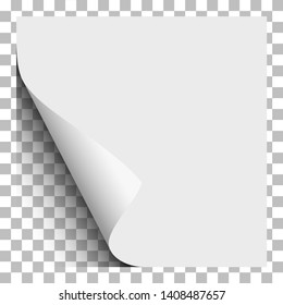 White sheet of paper with lower left paper curl and transparent background under it. Vector paper mock up.