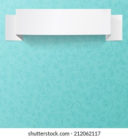 White sheet of paper on a flower pattern. Origami vector banner.