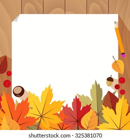 White sheet of paper on the table with pencil, board, chestnut, maple leaf, acorn, rowan, aspen leaf. Autumn abstract background. Vector illustration. Banner, poster elements to your design.