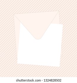 White sheet of paper, pink envelope on a striped background, top view. Vector illustration invitation, greeting card, flat lay.