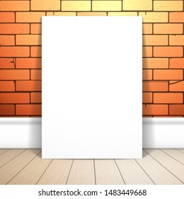 A white sheet of paper or poster stands against a red brick wall on the boards. Mockup for design with shadow