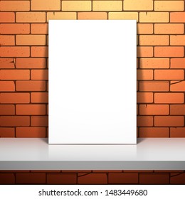 A white sheet of paper or poster stands near the red brick wall on the shelf. Mockup for design with shadow