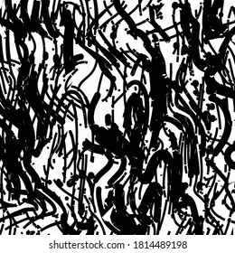 White sheet of paper, scribbled with black ink. Abstract decoration on the wall or other surface. Grunge graphics.