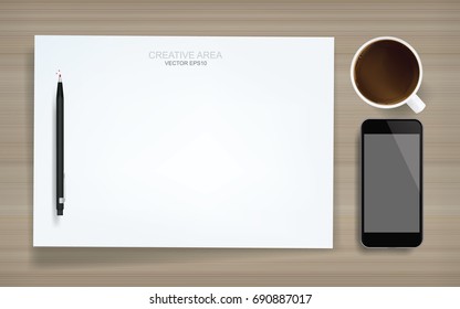White sheet of paper with smartphone, coffee cup and black pencil on wood background. Vector illustration