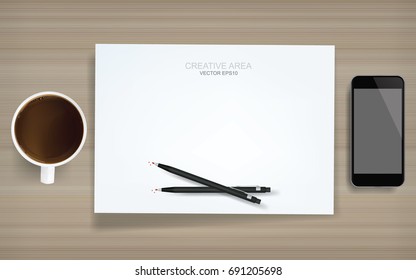 White sheet of paper with smartphone, coffee cup and black pencil on wood background. Vector illustration