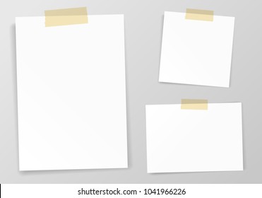 White sheet of paper with sticky tape set vector illustration. Realistic empty paper note template of A4 format with soft shadows isolated on grey background. Business message clean sheet.