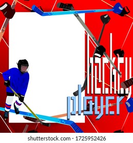 White sheet of paper. Template for labels, photos, elements, notes, etc. Hockey player, sticks, the inscription on the red background. Bright vector illustration. Poster, postcard, label, banner