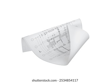 A white sheet with a plan drawing curved on a white background. Vector illustration