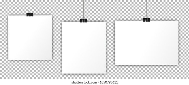 White sheets of A4 paper, fastened with a clip, are hung on a rope. Simple, isolated, blank, white page layout. Vector illustration on a transparent background.
