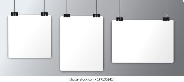 White sheets of A4 paper, fastened with a clip, are hung on a rope. Simple, isolated, blank, white page layout. Vector illustration on a transparent background.	