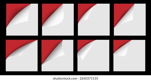 White sheets with curled corners on red background with realistic shadow. Flipping pages with red backdrop. Vector set mockups for presentations, banners
