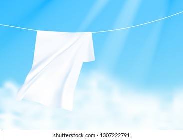 White sheets dried on a rope on the wind. Realistic vector illustration with blue sky and sunshine on background.