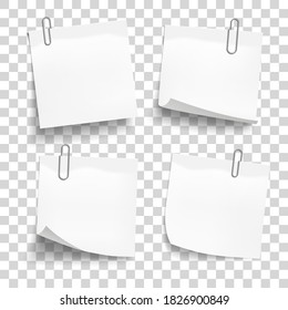 White sheets of paper with metal paper clips. Metal paper clips attached to note papers. Vector illustration
