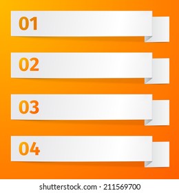 White sheets of paper on a orange background. Origami vector banner with the numbering