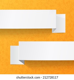 White sheets of paper on a orange floral ornament. Origami vector banner.