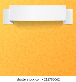 White sheets of paper on a orange floral ornament. Origami vector banner.