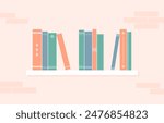 White shelf with books on the wall. Flat vector illustration