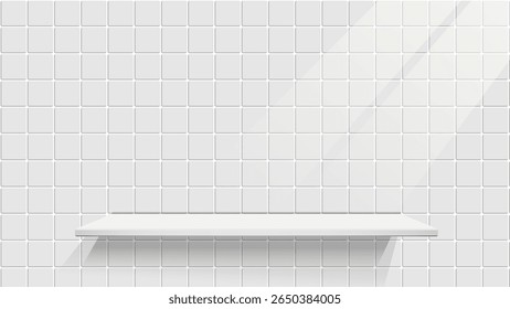White shelf empty minimalist modern clean square tile wall interior background bright, This content was created using vector drawing tools and software, not generated by AI
