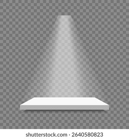 White shelf with lighted top on transparent background. Furniture for demonstration of various items vector illustration