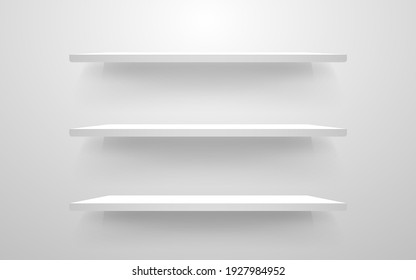 White shelf mockup. Empty shelves template. Realistic bookshelf design. Home interior elements on a wall. Modern horizontal shelf. Vector illustration.