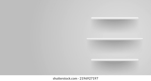 White shelf mockup, empty shelves template for product display, bookshelf, frame shelf on a wall
