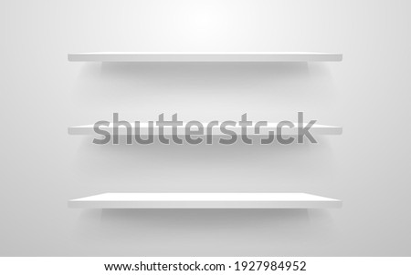 White shelf mockup. Empty shelves template. Realistic bookshelf design. Home interior elements on a wall. Modern horizontal shelf. Vector illustration.